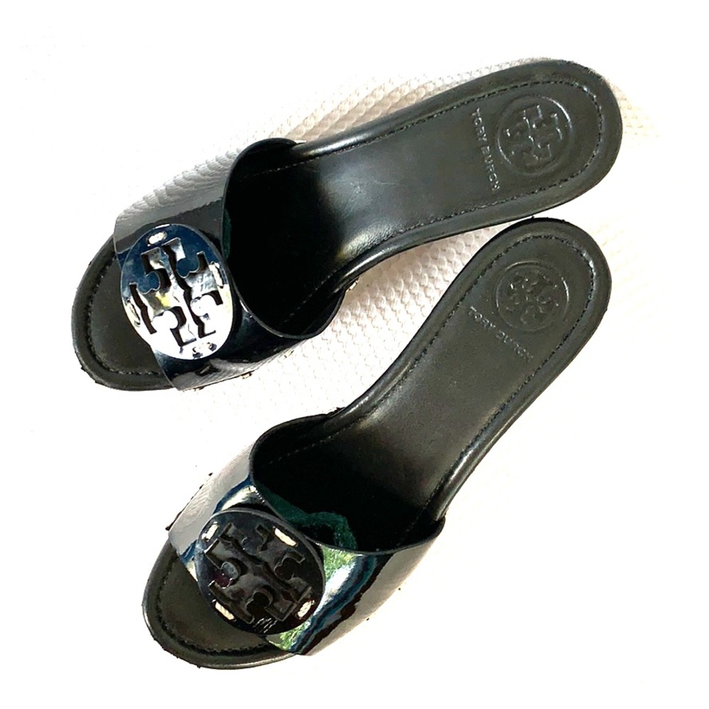 Tori Birch Black Leather Slider Platform Sandal